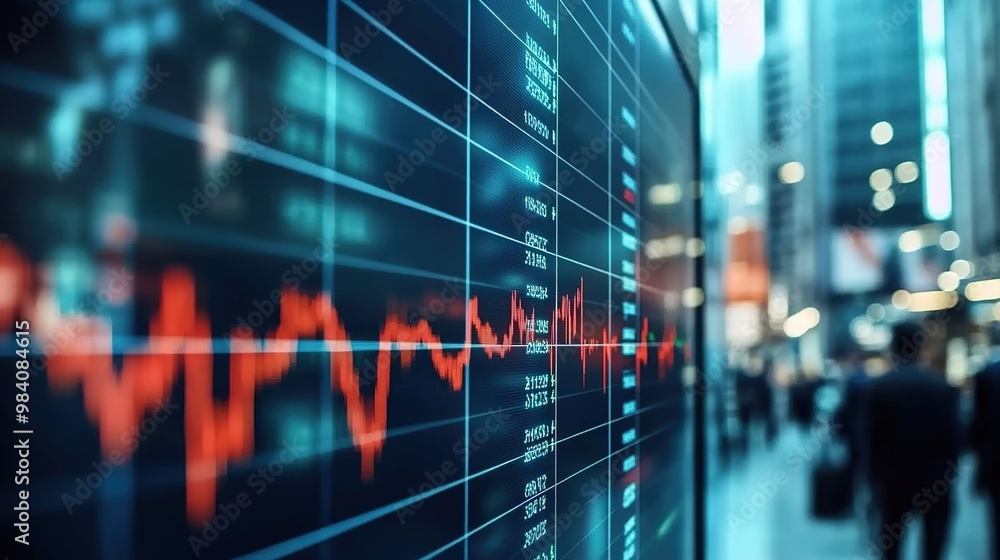 A stock market screen displays red and green numbers, a financial graph on a digital display, with blurred business people in the background A stock market screen displays red and green numbers, a financial graph on a digital display, with blurred business people in the background