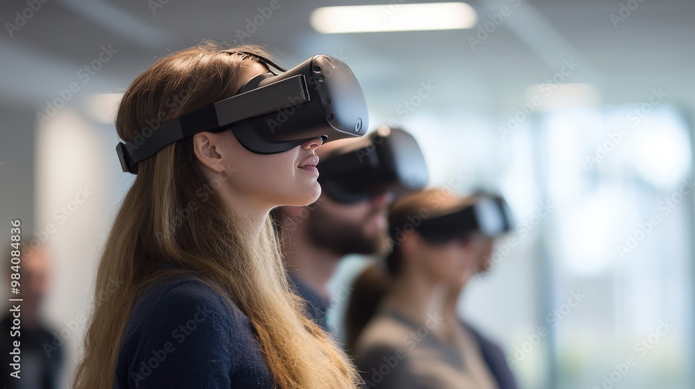 A business leveraging virtual reality for training and development, with employees engaged in interactive simulations A business leveraging virtual reality for training and development, with employees engaged in interactive simulations
