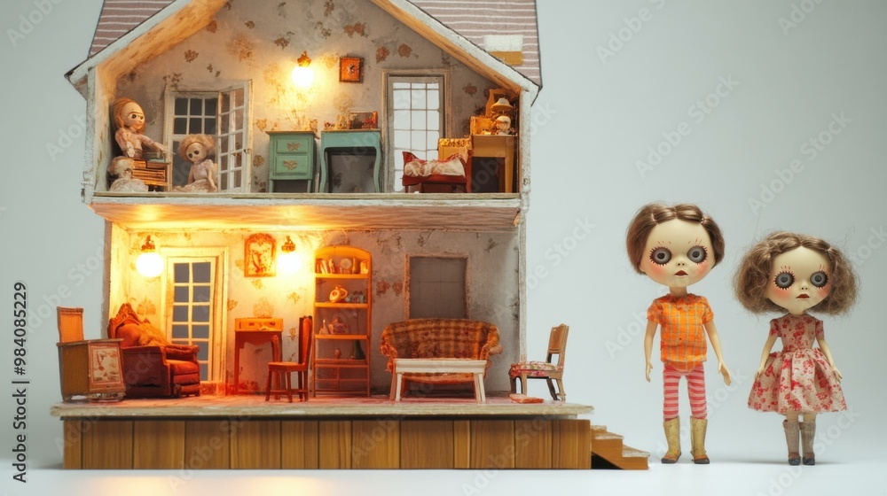 Charming Dollhouse with Miniature Furniture and Dolls Charming Dollhouse with Miniature Furniture and Dolls