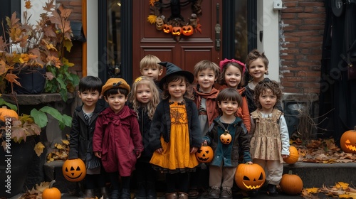 group of child in Halloween clothes, in the background the door of the house is decorated for Halloween