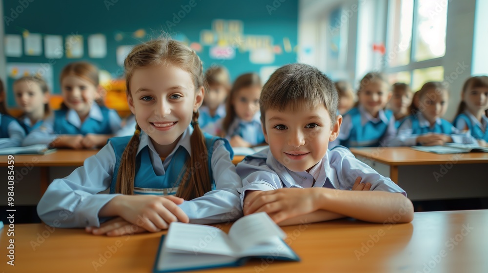 the group schoolboy and schoolgirl sitting at the desk, smiling, looking at the camera during the lesson the group schoolboy and schoolgirl sitting at the desk, smiling, looking at the camera during the lesson