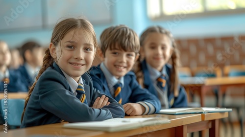 the group schoolboy and schoolgirl sitting at the desk, smiling, looking at the camera during the lesson