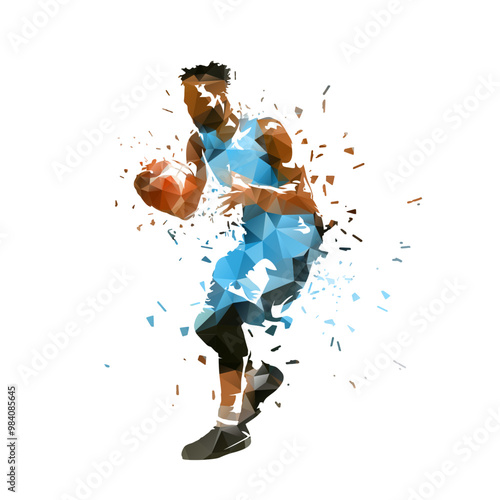 Basketball player with ball, isolated geometric low poly vector illustration. Team sport athlete