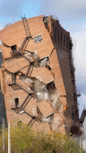 Industrial controlled explosion abandoned building on blue sky with white clouds background. Method for detonating used to set off dynamite bang blast include clearing city area