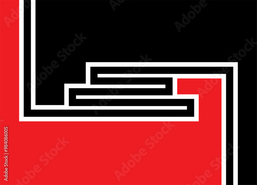 Red and black vector background with a pattern of strict lines in the form of an abstract labyrinth. Modern two-color design element. Transition. For covers, posters, advertising