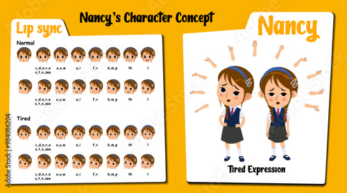 A cute girl cartoon character AKA nancy in school uniform with tired face expressions and lip sync. Set of cute girl with various hand gesture and front and 1/3 standing pose.
