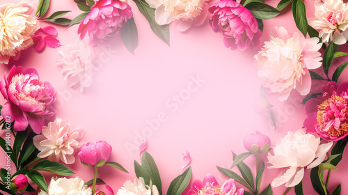 Frame made of of peony flowers with copy space for text on pink background. Flat lay, top view.