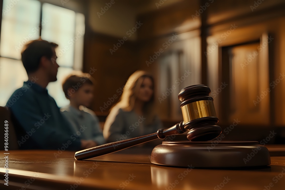 A close-up of a gavel resting on a wooden table, with blurred figures of a family in the background, suggesting a courtroom or legal setting. A close-up of a gavel resting on a wooden table, with blurred figures of a family in the background, suggesting a courtroom or legal setting.