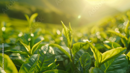 Bright green tea leaves grow on a sunset field. Gardening and farming concept.