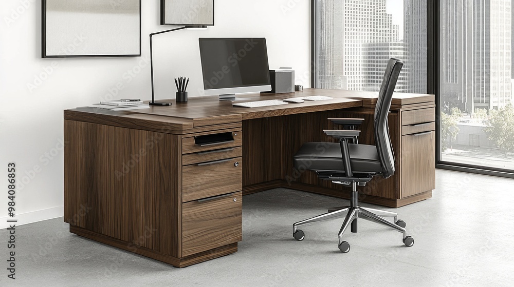 Modern workspace featuring a custom L-shaped desk with cable management and minimalist chair in bright daylight Modern workspace featuring a custom L-shaped desk with cable management and minimalist chair in bright daylight