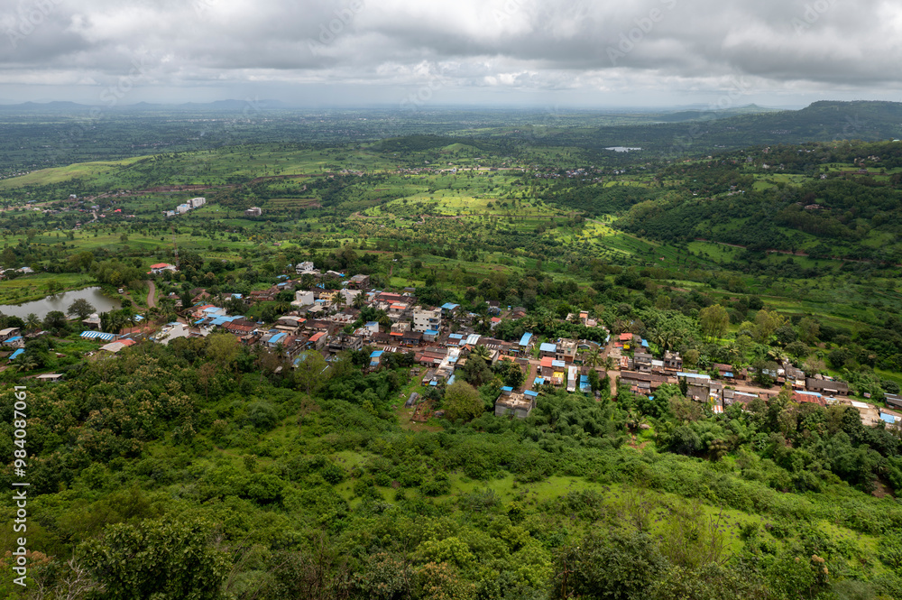 Fototapeta premium Kolhapur , India - 8 September 2024 Top angle view developed village modern village from Panhala fort at Kolhapur Maharashtra India
