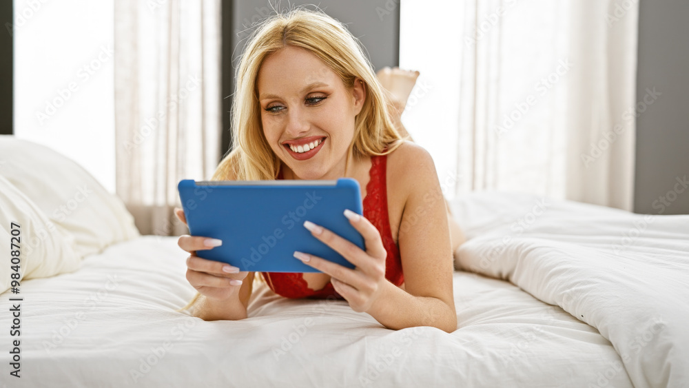 Blonde woman smiling while using a tablet lying on a white bed in a sunny bedroom. Blonde woman smiling while using a tablet lying on a white bed in a sunny bedroom.