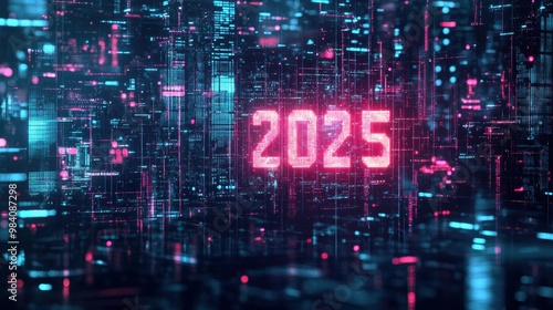 Futuristic 2025 Backdrop with Glowing Cityscape