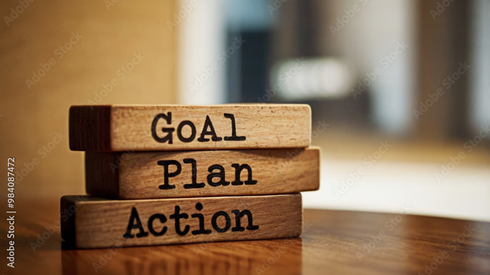 Goal, Plan, Action Wooden Blocks Concept Goal, Plan, Action Wooden Blocks Concept