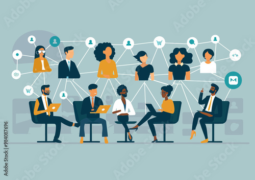 Remote Team Teleconferencing Network Communication Conceptual Business Meeting Illustration, Digital Collaboration, Online Teamwork, Minimalist Style, Modern Work Environment