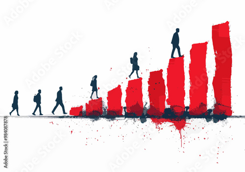 Business Team Progressing with Growth Chart, Minimalistic Vector Illustration of Business Results Presentation, Growth Concept for Large Business Group