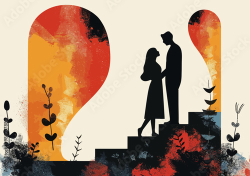 Pregnant Couple Embracing on Stairs with Atmospheric Sunset Silhouettes, Expecting Parents, Love, and Future Together, Minimalistic Vector Illustration