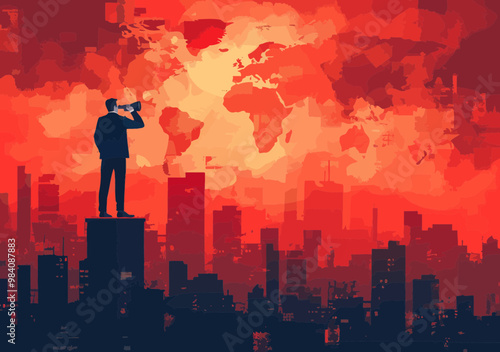 Businessman on Flying Banknote Looking Through Monoculars at Rising Chart Amid Cityscape During Sunset Representing Global Investment Growth and Financial Opportunities