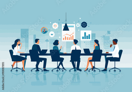 Business Team Brainstorming New Project Plan in Modern Office Setting - Vector Illustration Depicting Collaboration, Strategy, and Ideas for Successful Business Development