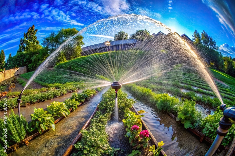 Obraz premium Automatic garden watering system dropping water on plants