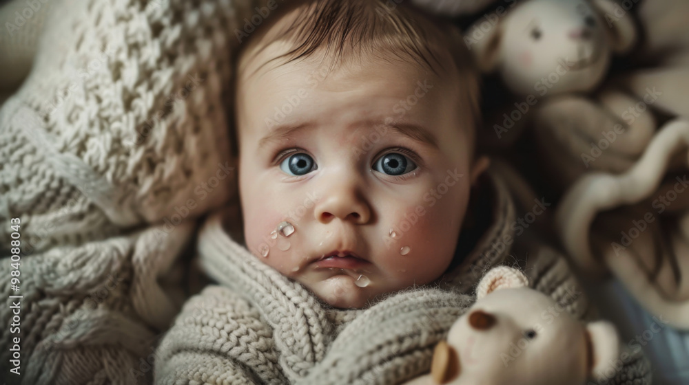 A small child is crying while lying on a cozy blanket. A baby with teething teeth and a winced expression lies in a crib. A small child is crying while lying on a cozy blanket. A baby with teething teeth and a winced expression lies in a crib.