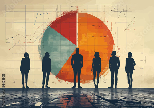 Business Team Analyzing Market Share Pie Chart and Stock Market Data in Office Setting at Dusk Concept Illustration