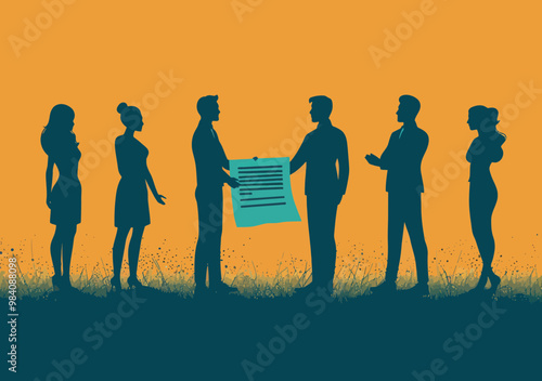 Business Agreement Contract Discussion with Team in Minimalist Vector Illustration During Daytime
