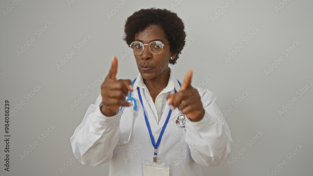 Female doctor with curly hair and glasses pointing at the camera, wearing a white coat and stethoscope, isolated on a white background Female doctor with curly hair and glasses pointing at the camera, wearing a white coat and stethoscope, isolated on a white background