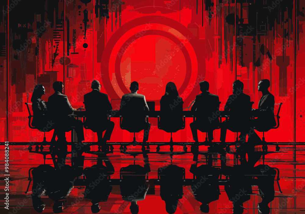 Business Team Brainstorming at Office Table with Target Concept on Red Background, Silhouette of Professionals Discussing Strategy, Minimalist Vector Illustration Business Team Brainstorming at Office Table with Target Concept on Red Background, Silhouette of Professionals Discussing Strategy, Minimalist Vector Illustration