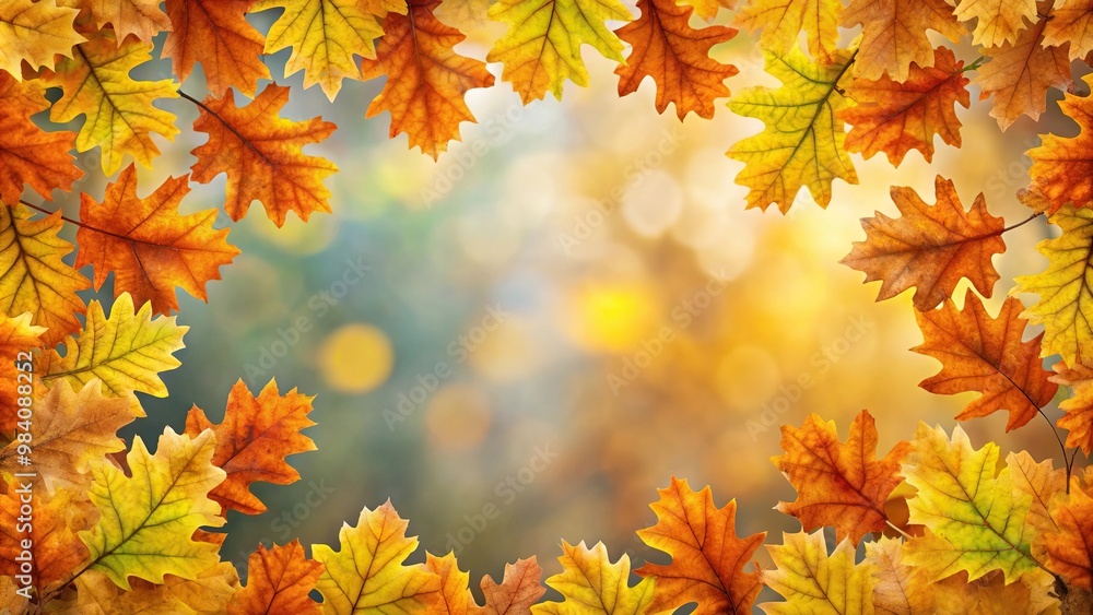 Autumn background with frame of oak leaves in forced perspective Autumn background with frame of oak leaves in forced perspective