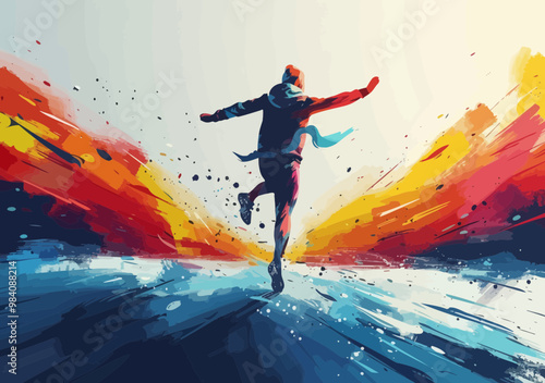 Triumphant Runner Crossing Finish Line in Abstract Art Depiction of Victory, Achievement, and Success, Colorful Business Concept Illustration