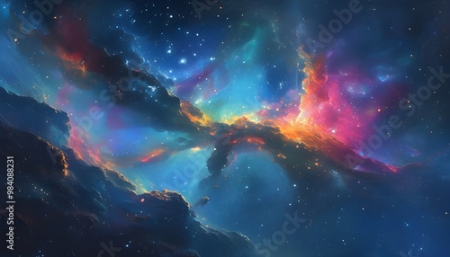 vibrant cosmic landscape with colorful nebulae, sparkling stars, and luminous gas clouds showcasing the vast beauty of the universe