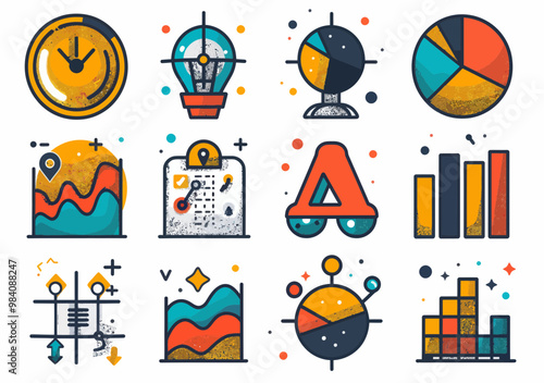 Minimalistic Vector Illustration Featuring Time Management, Planning, Investment, Human Resource, Network Security and Advertising Symbols for Business Solutions and Strategic Vision