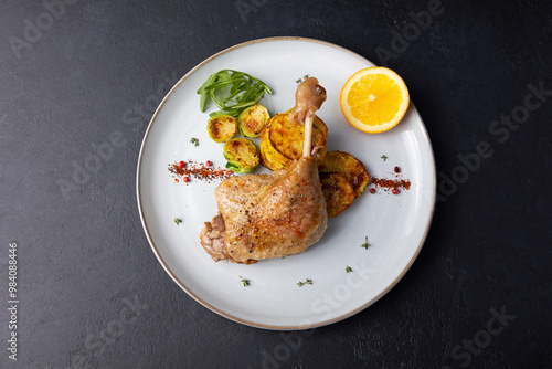 Duck leg confit with Brussels sprouts, baked potatoes, thyme and orange. Traditional French cuisine. Selective focus, close-up, black background.