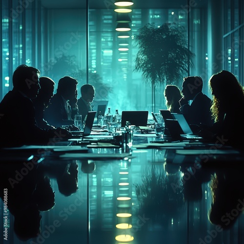 A modern corporate boardroom meeting with silhouettes of professionals engaged in discussion, illuminated by ambient light. photo