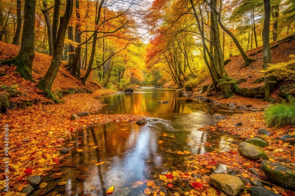 Autumn creek landscape with fallen leaves seen from high angle Autumn creek landscape with fallen leaves seen from high angle