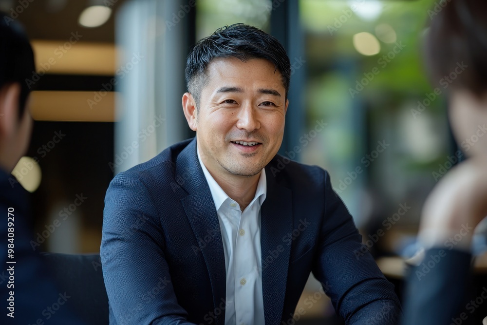 A handsome Japanese businessman in his late thirties, wearing business attire, is sitting at the table with an employee. He is looking to one side and smiling while listening attentively during their A handsome Japanese businessman in his late thirties, wearing business attire, is sitting at the table with an employee. He is looking to one side and smiling while listening attentively during their