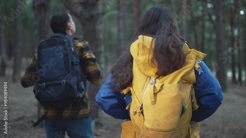 Wallpaper Mural Backpack travel in forest. Couple hikes forest trail with backpacks. People explore nature, travel through woods. Forest adventure, couple backpack travel. Scenic hike, travel backpack forest journey. Torontodigital.ca