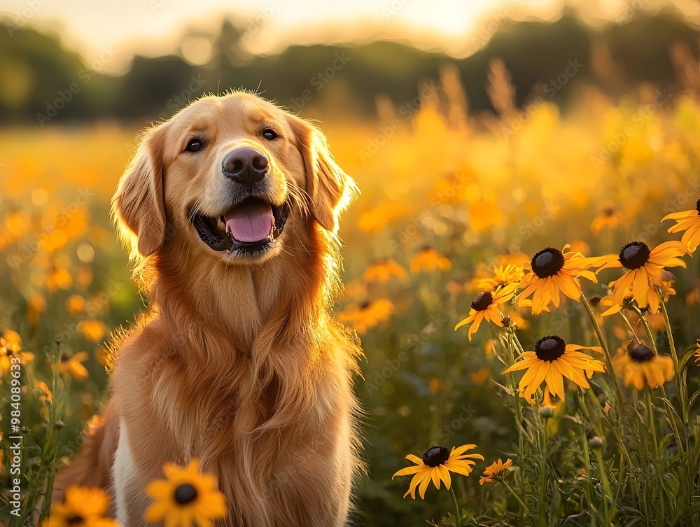 A golden retriever dog sits in a field of yellow wildflowers, the setting sun casting a warm glow over the scene.