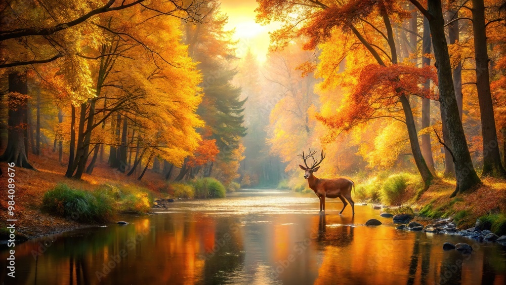 autumn forest landscape with deer near river