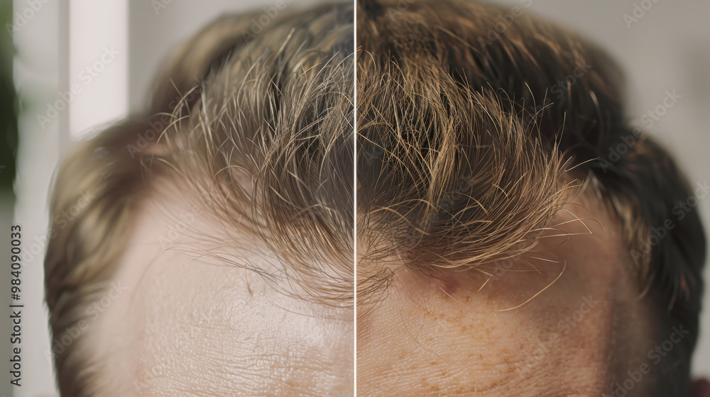 Close-up of a man's scalp with thinning and balding hair on one side and full, healthy hair on the other. Health concept, hair growth. Close-up of a man's scalp with thinning and balding hair on one side and full, healthy hair on the other. Health concept, hair growth.