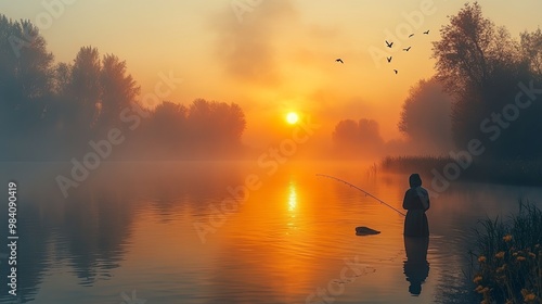 Serene Sunset Fishing at Misty Lake