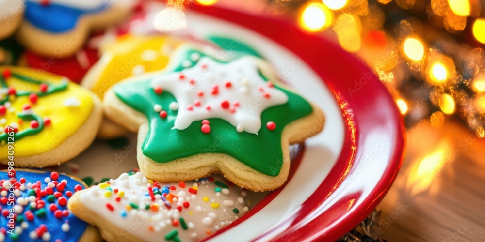 Festive Christmas cookies on a plate with vibrant colors and blurred lights in the background, creating a joyful holiday atmosphere. Festive Christmas cookies on a plate with vibrant colors and blurred lights in the background, creating a joyful holiday atmosphere.