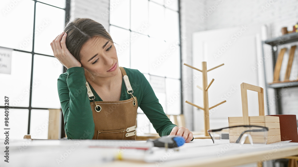 Αυτοκόλλητο A perplexed woman in a workshop scrutinizing a wooden basket she's crafting