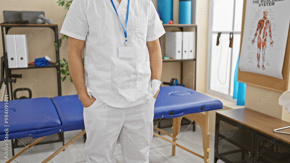 Hispanic man in white scrubs standing in a physical therapy clinic room with medical equipment. Hispanic man in white scrubs standing in a physical therapy clinic room with medical equipment.