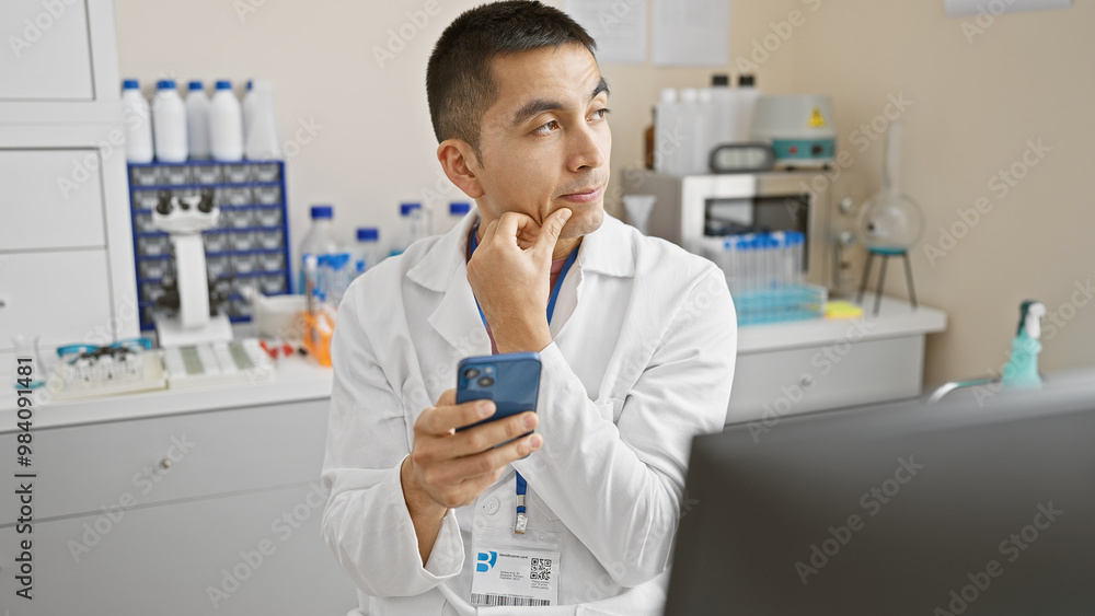 Fototapeta premium A pensive male scientist examines his phone in a laboratory setting, reflecting modern research dynamics.