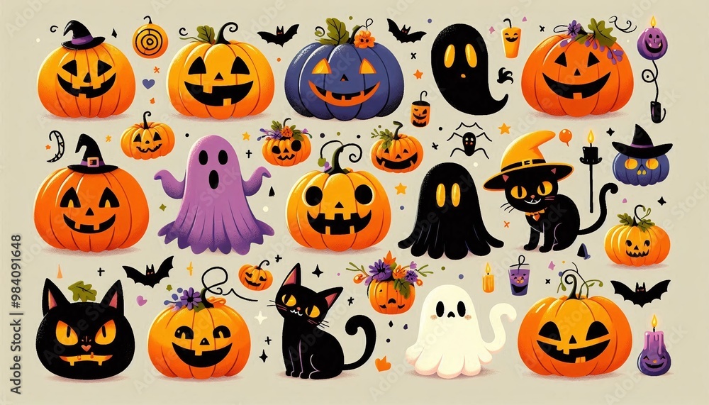 Halloween icons set. Halloween Pumpkins collection in scary. Halloween icons set. Halloween Pumpkins collection in scary.