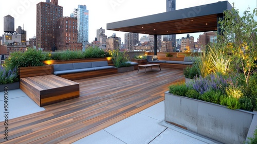 An urban rooftop garden with modular wooden decking  integrated seating  and planters for an oasis in the city