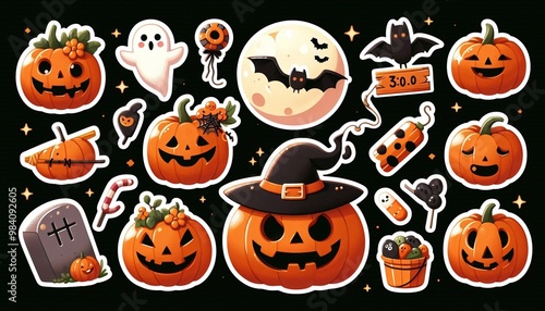 Halloween icons set. Halloween Pumpkins collection in scary.