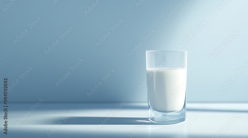 A simple glass of milk with condensation, placed on a light blue background, leaving room for text on the right side A simple glass of milk with condensation, placed on a light blue background, leaving room for text on the right side